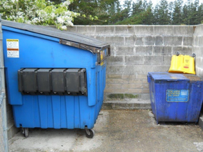 a dumpster area that is neat and clean with closed lids