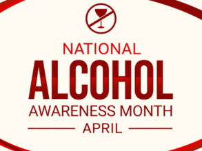 april is national alcohol awareness month, image of wine class within a "no" circle all text in red with red ribbons and stars along the outter edges of the image